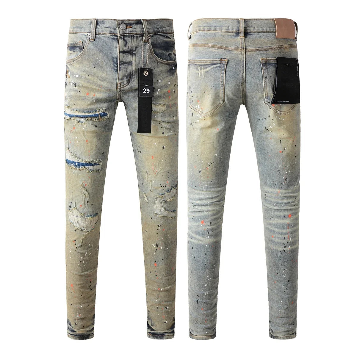 Neue Purples 2024 Herren Jeans mit Top Street Distressed Paint Repair Low Rise Skinny Denim Markenhosen