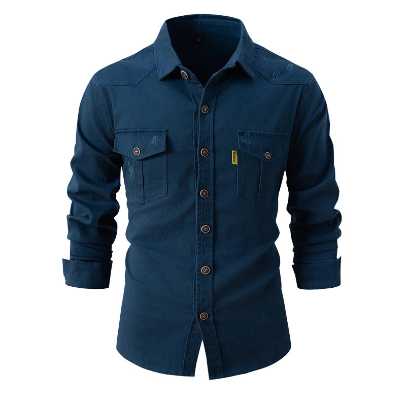 Neues Frühlings-Social-Shirt aus Baumwolle für Herren, einfarbig, hochwertiges Langarm-Shirt für Männer, Revers, lässig, Social-Herrenhemden