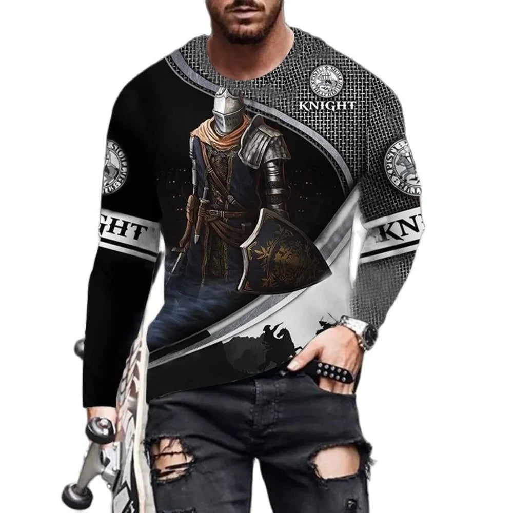 Vintage Print Men T-Shirts Samurai Pattern Knights Templar 3D Top Cotton Tee Streetwear Autumn Long Sleeve Oversized T Shirt 5xl